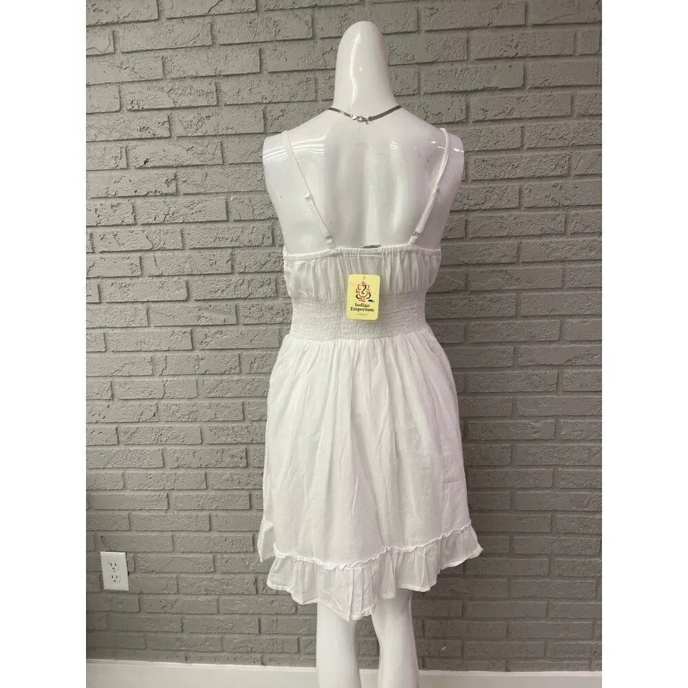 Indian Emporium Women White Cotton Crochet Smock Waist Eyelet Ruffle Dress Size